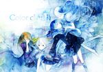  abstract aji77 artbook black_hair blonde_hair blue bow closed_eyes cover cover_page covering_face dress hair_bow long_hair looking_at_another multiple_girls original pale_skin scarf school_uniform short_hair skirt traditional_media watercolor_(medium) white_hair 