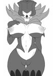  1girl artist_request bodysuit breasts covered_eyes digimon digimon_savers female hetero large_breasts monochrome nipples open_mouth pussy rosemon solo thigh_gap 