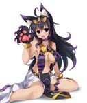  ahoge animal_ears armpits bare_shoulders bastet_(monster_strike) black_hair breasts cat_ears cat_girl cat_tail fang gradient_hair hair_ornament highres jewelry kurokage large_breasts long_hair looking_at_viewer midriff monster_strike multicolored_hair navel open_mouth paw_pose paws purple_eyes simple_background sitting smile solo tail wariza 