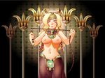  animal_ears bastet black_background blonde_hair breasts cat_ears commentary_request daimaou_k deel disdain egyptian egyptian_mythology facepaint haevest harem_pants jewelry lipstick long_hair looking_down makeup medium_breasts multicolored_hair narrowed_eyes navel necklace nipples original pants patterned_background purple_eyes see-through solo tiara topless whip 