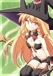  adhesive_bra bare_arms bare_shoulders black_legwear blonde_hair bra braid cosplay dairi flat_chest grin hat kirisame_marisa long_hair looking_at_viewer majo_to_hyakkihei metallica_(majo_to_hyakkihei) metallica_(majo_to_hyakkihei)_(cosplay) midriff navel petite short_shorts shorts single_braid sitting smile solo thighhighs touhou underwear very_long_hair witch_hat yellow_eyes 