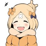  +++ 1girl :d ^_^ abigail_williams_(fate/grand_order) bangs black_bow blush bow closed_eyes commentary_request crossed_bandaids eyebrows_visible_through_hair eyes_closed facing_viewer fate/grand_order fate_(series) hair_bow hair_bun jacket mitchi open_mouth orange_bow orange_jacket parted_bangs simple_background smile solo upper_body upper_teeth white_background 