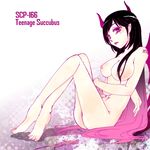  ala_chan black_hair breasts character_name cross cross_necklace crossed_ankles demon_girl gradient_hair jewelry long_hair medium_breasts multicolored_hair necklace nipples nude purple_eyes purple_hair scp-166 scp_foundation sideways_mouth sitting solo succubus tattoo toes very_long_hair wings 