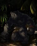  2014 abs anthro biceps big_muscles black_fur black_nose black_panther cinna-tree claws clothed clothing crouching feline fur green_eyes half-dressed jungle male mammal muscles outside panther pecs pose scar shorts solo toned topless weapon wristband 