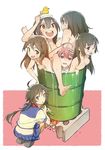  :d ahoge arm_up barefoot bathing black_hair breast_press breasts brown_eyes brown_hair butt_crack choukai_(kantai_collection) cinder_block drum_(container) drum_bath empty_eyes from_behind glasses green_eyes hair_between_eyes hair_ornament hairclip i-58_(kantai_collection) jpeg_artifacts kako_(kantai_collection) kantai_collection long_hair looking_back maya_(kantai_collection) medium_breasts multiple_girls nagato_(kantai_collection) nonco open_mouth partially_submerged pink_eyes pink_hair pleated_skirt rubber_duck sideboob skirt small_breasts smile squatting tone_(kantai_collection) towel towel_on_head wet 