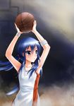  absurdres armpits arms_up ball basketball basketball_uniform blue_eyes blue_hair elrem flat_chest highres long_hair low_twintails original solo sportswear sweat twintails wristband 
