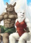  2014 abs anthro biceps big_muscles black_nose blue_eyes boxers breasts brown_fur chest_tuft cinna-tree clothed clothing couple female fur half-dressed kangaroo male mammal marsupial muscles pecs tuft underwear white_fur white_wolf 