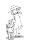  1girl ai_ai_gasa beagle blonde_hair blue_eyes blush child collar dog grass hat ike_(altitude_attitude) loli looking_at_viewer monochrome original sandals short_hair simple_background solo spread_legs white_background 