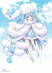  ahoge altaria bad_id bad_pixiv_id blue blue_eyes blue_hair cloud coat dangmill fluffy full_body gen_3_pokemon hat highres long_hair long_sleeves mega_pokemon open_mouth outstretched_arms personification pokemon pokemon_(creature) sky swablu twintails 