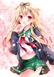  alternate_costume blonde_hair blush cosplay crescent food hair_flaps hair_ornament hair_ribbon hairclip kantai_collection long_hair looking_at_viewer mutsuki_(kantai_collection) mutsuki_(kantai_collection)_(cosplay) navel nogi_takayoshi open_mouth petals red_eyes remodel_(kantai_collection) ribbon school_uniform serafuku skirt solo toast yuudachi_(kantai_collection) 