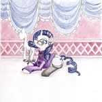  2014 blue_eyes blue_hair clothing conbudou cutie_mark equine eyewear female friendship_is_magic fur glasses hair horn horse legwear looking_at_viewer lying mammal mannequin my_little_pony piercing pony rarity_(mlp) smile solo stockings traditional_media_(artwork) unicorn white_fur 