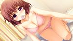  blush bra breasts brown_hair cleavage condom condom_in_mouth dutch_angle fuyuichi_monme game_cg kita_mei kneeling large_breasts long_legs looking_at_viewer mouth_hold panties pink_bra pink_panties puramai_wars purple_eyes short_hair smile solo strap_slip underwear underwear_only 