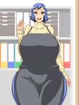  1girl blue_eyes blue_hair breasts curvy female gigantic_breasts gundam gundam_build_fighters highres iori_rinko milf naunau open_mouth smile solo standing sweater thick_thighs wide_hips 
