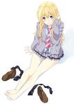  barefoot blazer blonde_hair blue_eyes blush feet from_above full_body hair_between_eyes hair_tucking highres jacket long_hair looking_at_viewer miyazono_kawori nagayori necktie pleated_skirt school_uniform shigatsu_wa_kimi_no_uso shoes_removed sidelocks sitting skirt smile socks_removed solo toes 