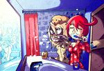  animal animal_on_head bathroom blonde_hair brushing_teeth character_print closed_eyes colored_eyelashes commentary crazy_smile cup dark_skin dog dog_on_head doorknob elphelt_valentine faucet guilty_gear guilty_gear_xrd mirror motion_blur mug multiple_girls off_shoulder on_head pajamas ramlethal_valentine red_hair setz sharp_teeth shower_curtain siblings sisters teeth tongue tongue_out toothbrush yellow_eyes 