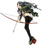  :d arrow ass b7a_ryuusei black_hair blue_eyes bow_(weapon) flat_chest full_body kantai_collection katsuragi_(kantai_collection) kuuro_kuro legs long_hair miniskirt official_art open_mouth ponytail remodel_(kantai_collection) skirt smile solo thighhighs transparent_background weapon 