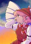  animal_ears arm_garter arm_up bad_id bad_pixiv_id bow bowtie cloud earrings evening hat jewelry long_sleeves mystia_lorelei pink_bow pink_hair profile short_hair sky solo sunset touhou twilight wind wings yamami-hosyo 