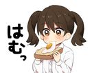  bad_id bad_twitter_id brown_eyes brown_hair commentary_request food food_in_mouth fried_egg homu ishihara_saika kantai_collection long_sleeves ryuujou_(kantai_collection) short_hair simple_background solo toast twintails white_background younger 