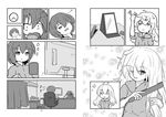  chobii_(hamgyomu) clock comic computer curtains eighth_note greyscale hair_iron highres long_hair maribel_hearn mirror monochrome multiple_girls musical_note no_hat no_headwear o_o shocked_eyes short_hair sigh silent_comic sparkle touhou usami_renko 