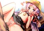  1girl backpack bag blood blush breasts censored eggplant hat heart hetero instrument leg_up long_hair looking_at_viewer mystia_lorelei nipples open_mouth penis pink_eyes pink_hair randoseru recorder school_hat sex shoegaze short_hair small_breasts tears touhou vaginal virgin wings 