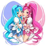  blue_eyes blue_hair blue_skirt blush boots bow choker cure_blossom cure_marine hanasaki_tsubomi heart heartcatch_precure! jingi_sukan kneeling kurumi_erika long_hair looking_at_viewer magical_girl multiple_girls open_mouth pink_bow pink_choker pink_eyes pink_hair pink_skirt ponytail precure skirt thighhighs very_long_hair white_legwear 