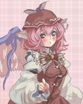  bow brown_bow fingernails hat hey_taishou highres long_fingernails long_sleeves mystia_lorelei nail_polish pink_background plaid plaid_background purple_eyes red_nails short_hair sketch solo touhou wings 