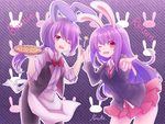  1girl ;d androgynous animal_ears apron artist_name bangs blazer blouse bonnie_(fnaf) bow bowtie bunny_ears character_name cowboy_shot crossover five_nights_at_freddy's food foreshortening hair_between_eyes hands_together highres holding_pizza jacket leaning_forward long_hair long_sleeves looking_at_viewer low_ponytail moeno_himeka necktie one_eye_closed open_mouth personification pink_hair pizza pleated_skirt pointing pointing_at_viewer ponytail purple_background red_eyes red_neckwear reisen_udongein_inaba shirt short_sleeves signature skirt sleeves_folded_up smile star striped striped_background tareme touhou trait_connection tray waist_apron 