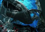  diving diving_suit fish highres light_rays monster original ruins syo5 teeth underwater whale 