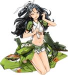  ;o bare_legs barefoot black_hair blue_eyes bruise crop_top full_body furisode hair_ribbon injury japanese_clothes kantai_collection katsuragi_(kantai_collection) kimono kneeling kuuro_kuro long_hair looking_at_viewer lowres midriff navel official_art one_eye_closed ribbon seiza sitting solo torn_clothes transparent_background white_ribbon wince 