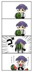  4koma arm_warmers bad_id bad_pixiv_id blush comic food fruit green_ribbon hair_ribbon ishihara_saika kantai_collection ooshio_(kantai_collection) purple_hair ribbon short_hair short_sleeves short_twintails silent_comic simple_background solo suspenders twintails watermelon white_background 