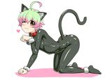  :3 ahoge animal_ears ass bell bell_collar bodysuit cat_ears cat_tail collar full_body green_hair highres idolmaster idolmaster_side-m male_focus multicolored_hair nagiichi nekoyanagi_kirio one_eye_closed paw_pose pink_hair skin_tight smile solo tail yellow_eyes 