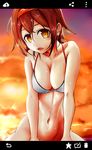  alternate_costume bikini_top bottomless breasts brown_hair cleavage cloud cloudy_sky collarbone franz_(217franz) hairband highres kantai_collection large_breasts looking_at_viewer navel no_panties open_mouth orange_eyes orange_sky outdoors red_hairband shiratsuyu_(kantai_collection) sky solo string_bikini sweat swimsuit upper_body 