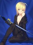  ahoge artoria_pendragon_(all) black_gloves blonde_hair blush breasts business_suit cleavage excalibur fate/zero fate_(series) formal gloves green_eyes looking_at_viewer off_shoulder open_clothes saber sitting small_breasts solo suit sword weapon yangsion 