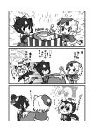 3girls 3koma alternate_costume animal_ears atlantic_puffin_(kemono_friends) bangs bare_shoulders bear_ears bell bell_collar bird_tail bird_wings blush_stickers bow box c: capelet chibi christmas closed_mouth collar comic dot_eyes dress drooling elbow_gloves extra_ears eyebrows_visible_through_hair food fur_trim gift gift_box gloves greyscale hair_between_eyes hair_bow hat head_wings highres holding honey honey_dipper honeypot jacket japanese_black_bear_(kemono_friends) jar kemono_friends kotobuki_(tiny_life) long_sleeves looking_at_another medium_hair monochrome motion_lines multicolored_hair multiple_girls open_box open_clothes open_jacket open_mouth polar_bear_(kemono_friends) santa_costume scarf sidelocks skirt smile sparkle strapless strapless_dress sweater translation_request wings 