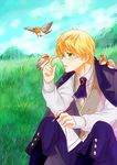  bad_id bad_pixiv_id bird blonde_hair coconut-milk826 fate/prototype fate/prototype:_fragments_of_blue_and_silver fate_(series) field glasses green_eyes jacket_on_shoulders jekyll_and_hyde_(fate) male_focus pen sitting solo 