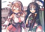  :d artist_name bare_shoulders black_eyes blurry blush breasts brown_eyes brown_hair corset crop_top depth_of_field detached_sleeves hair_ornament hat highres kantai_collection katsuragi_(kantai_collection) large_breasts littorio_(kantai_collection) long_hair looking_at_viewer machinery miniskirt multiple_girls necktie open_mouth pillarboxed red_skirt remodel_(kantai_collection) rondo_bell skirt smile white_background 
