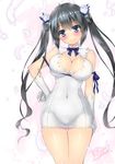  ahoge black_hair blue_eyes blue_ribbon blush breasts cleavage covered_navel dress dungeon_ni_deai_wo_motomeru_no_wa_machigatteiru_darou_ka gloves hair_ribbon hand_on_hip hestia_(danmachi) large_breasts long_hair oono_tetsuya rei_no_himo ribbon smile solo standing thigh_gap twintails very_long_hair 