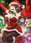  1girl absurdres adahcm belt blush boku_no_hero_academia boots brown_hair eyebrows_visible_through_hair eyes_closed gloves hat highres open_mouth santa_boots santa_costume santa_gloves santa_hat short_hair sky solo star_(sky) starry_sky uraraka_ochako 