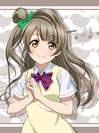  animal_print bird_print bow brown_eyes brown_hair eighth_note hair_bow hands_together long_hair looking_at_viewer love_live! love_live!_school_idol_project minami_kotori musical_note official_style one_side_up otonokizaka_school_uniform school_uniform smile solo takamin_apaman 