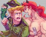  bad_id bad_pixiv_id battle_tendency blonde_hair blue_eyes chocoblood fork helmet horns jojo_no_kimyou_na_bouken joseph_joestar_(young) knife long_hair male_focus military military_uniform multiple_boys red_hair rudolph_von_stroheim santana_(jojo) tears uniform 