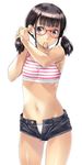  adjusting_hair bangs bare_shoulders black_hair blunt_bangs brown_eyes camisole cowboy_shot cutoffs denim denim_shorts fingernails flat_chest glasses hair_tie highres horizontal_stripes midriff mouth_hold nagayori navel no_shirt open_fly original panties panties_under_shorts pantyshot pantyshot_(standing) red-framed_eyewear short_shorts short_twintails shorts sidelocks simple_background smile solo sports_bra standing stomach striped twintails tying_hair unbuttoned underwear unzipped white_background white_panties 