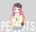  backpack bad_id bad_twitter_id bag bangs beamed_eighth_notes blunt_bangs blush braid candy cellphone charlie_brown check_(check_book) collared_shirt eighth_note food gradient_hair grey_background hair_bobbles hair_ornament harumi_shinju hat holding_strap iphone lollipop mouth_hold multicolored_hair musical_note musical_note_print peanuts phone purple_eyes quarter_note shirt simple_background skirt smartphone solo sweater tokyo_7th_sisters twin_braids 