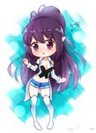  :o black_hair breasts chibi cleavage detached_sleeves dungeon_and_fighter highres long_hair mage_(dungeon_and_fighter) medium_breasts midriff navel pointy_ears ponytail purple_eyes short_shorts shorts solo tailcoat tandohark thighhighs very_long_hair 