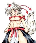  abs ahoge animal_ears bad_anatomy blush breasts budget_sarashi clenched_hands colored_pencil_(medium) covered_nipples cowboy_shot d: fang hat highres inte_(whitewolftail) inubashiri_momiji large_breasts loincloth marker_(medium) millipen_(medium) navel no_panties open_mouth red_eyes ribbon sarashi short_hair silver_hair solo tail tokin_hat toned touhou traditional_media wolf_ears wolf_tail 