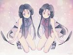  2girls bad_id bad_pixiv_id bare_legs bishoujo_senshi_sailor_moon black_hair dated deimos_(sailor_moon) double_bun feathers full_body holding kneeling long_hair multiple_girls personification phobos_(sailor_moon) purple_eyes red_eyes saki_(hxaxcxk) siblings sisters sleeveless spoilers twins very_long_hair 