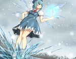  blue_dress blue_eyes blue_footwear blue_hair bow breasts cirno collared_shirt commentary_request dress from_below glowing hair_bow hand_on_hip highres ice ice_wings knees_together_feet_apart lake looking_to_the_side mary_janes perspective puffy_short_sleeves puffy_sleeves serious shirt shoes short_sleeves small_breasts snowflakes snowing socks solo sugi87 thighs touhou water wings 