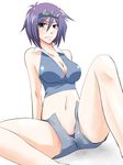  bare_shoulders blue_eyes blue_panties breasts cleavage hair_between_eyes headgear kagamimochi large_breasts looking_at_viewer midriff navel panties purple_hair rei_(tag_force) shorts solo spread_legs tag_force underwear unzipped yuu-gi-ou 