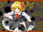  :d blonde_hair darkness dated fang frilled_skirt frills hair_ribbon highres mubii open_mouth red_eyes ribbon rumia shirt short_hair skirt smile solo touhou vest 