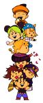  6+boys :o baseball braid brown_hair carrying carrying_overhead chibi dixie_cup_hat double_bun food giorno_giovanna green_hair hat higashikata_jousuke higashikata_jousuke_(jojolion) highres human_tower johnny_joestar jojo_no_kimyou_na_bouken jojolion jonathan_joestar joseph_joestar_(young) kuujou_jolyne kuujou_joutarou li_sakura military_hat mochi multicolored_hair multiple_boys petals pompadour purple_hair scarf stacking steel_ball_run two-tone_hair v-shaped_eyebrows wagashi 