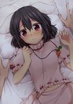  animal_ears black_hair blush bunny_ears carrot_necklace inaba_tewi jewelry looking_at_viewer lying navel nnyara on_back pendant pillow pov push_down red_eyes ribbon-trimmed_clothes ribbon-trimmed_sleeves ribbon_trim short_hair short_sleeves solo_focus sweat touhou 